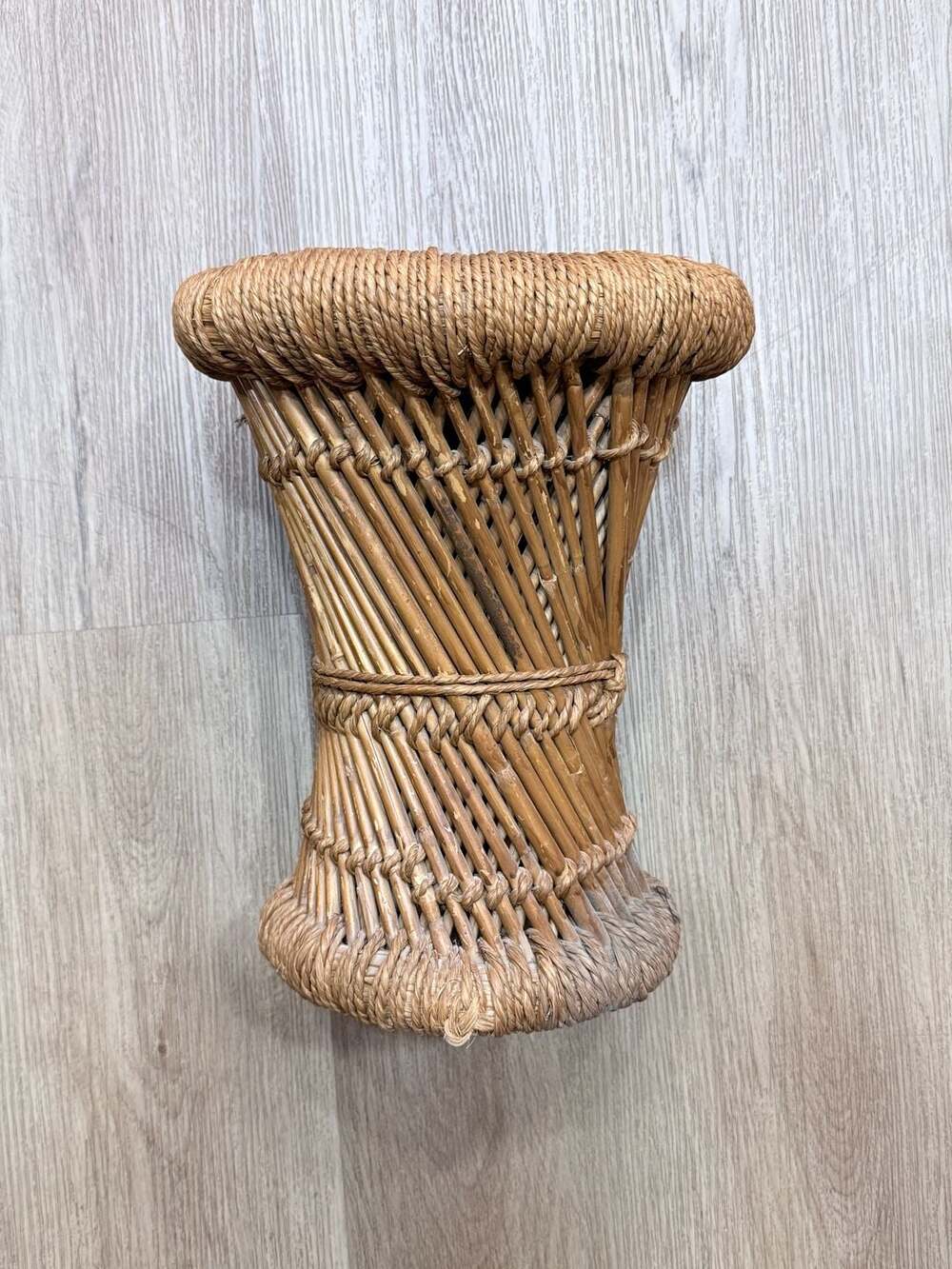 Vintage Mid-Century Woven Pencil Reed Rattan Bamboo Stool or Plant Stand 12-inch